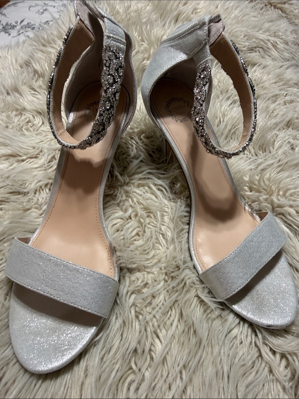 Olivia Miller Silver Rhinestone Ankle-Strap Heels
